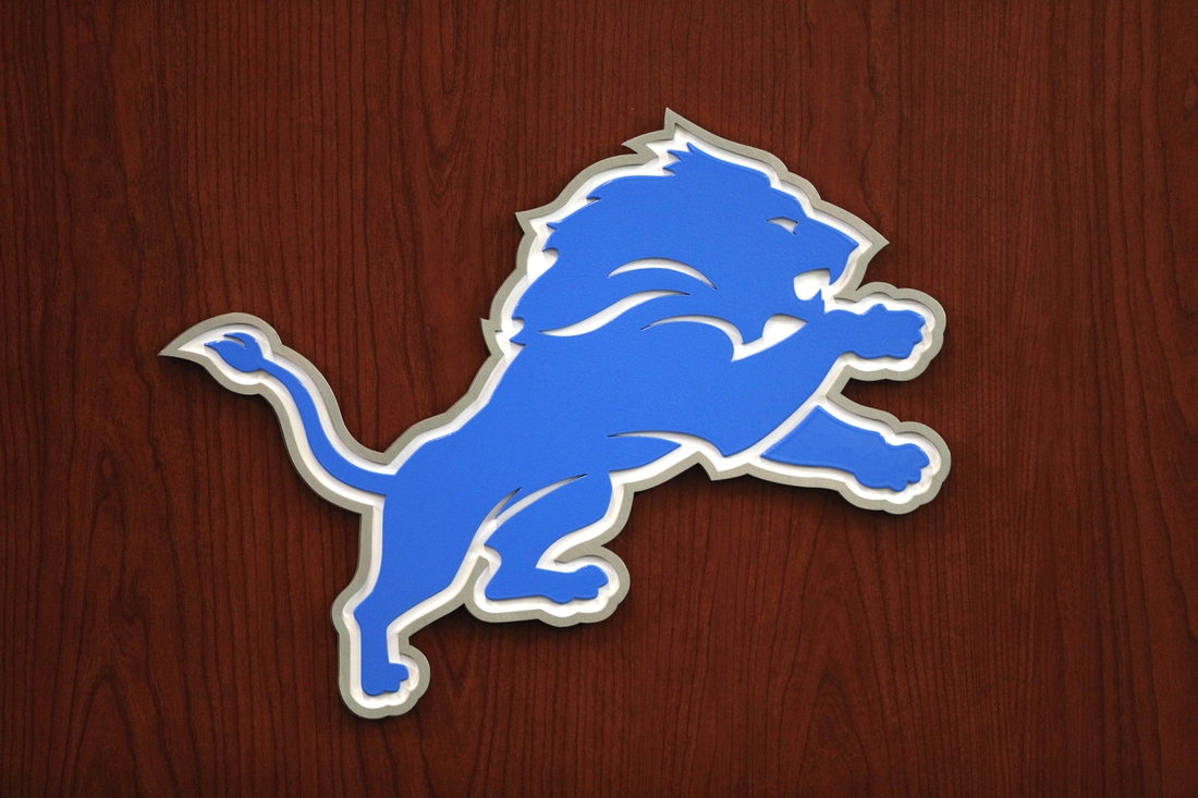 Jun 5, 2018; Allen Park, MI, USA; Detroit Lions logo on the front of a podium before practice at the Lions Headquarters and Training Facility. Mandatory Credit: Raj Mehta-USA TODAY Sports