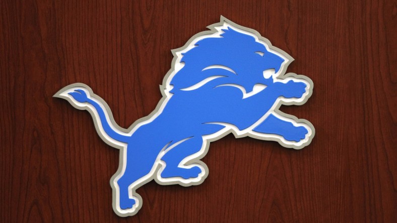 Jun 5, 2018; Allen Park, MI, USA; Detroit Lions logo on the front of a podium before practice at the Lions Headquarters and Training Facility. Mandatory Credit: Raj Mehta-USA TODAY Sports