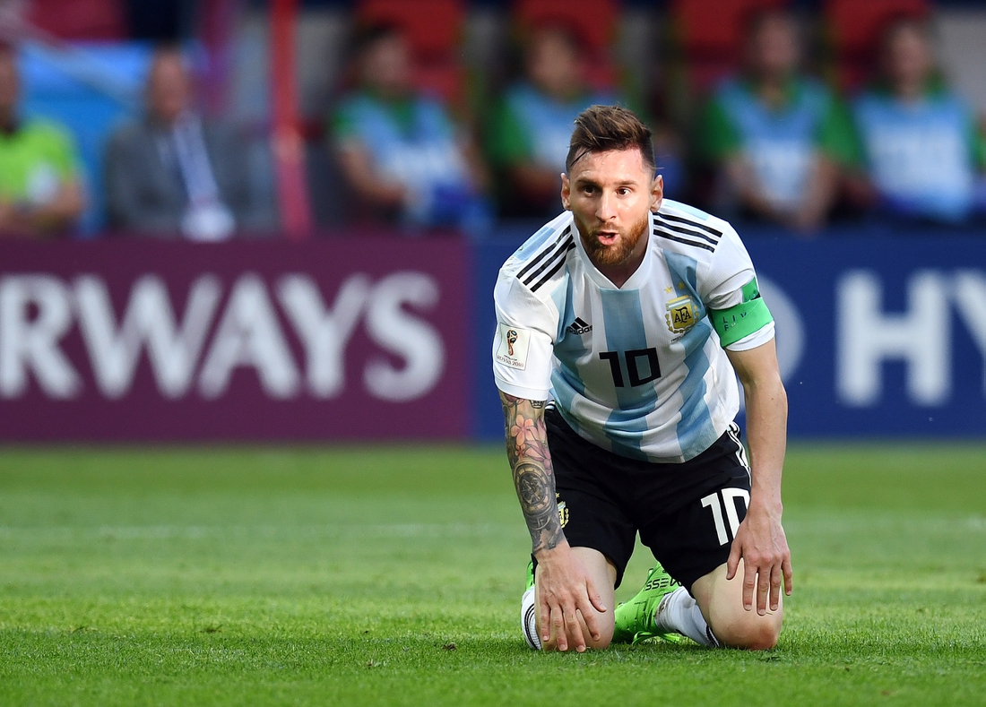 Jun 30, 2018; Kazan, Russia; Argentina forward Lionel Messi (10) reacts in the round of 16 game against France during the FIFA World Cup 2018 at Kazan Stadium. Mandatory Credit: Tim Groothuis/Witters Sport via USA TODAY Sports