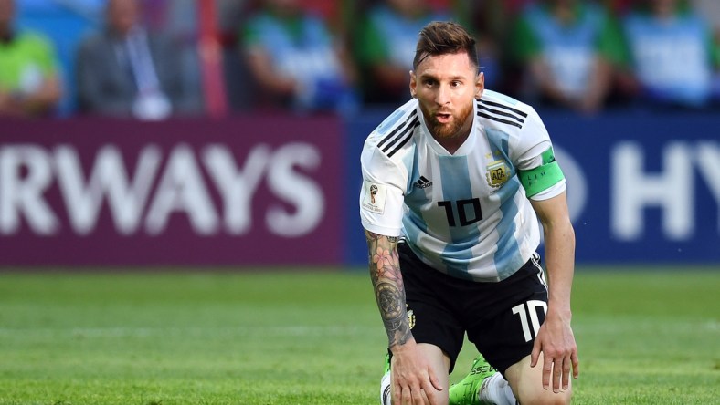 Jun 30, 2018; Kazan, Russia; Argentina forward Lionel Messi (10) reacts in the round of 16 game against France during the FIFA World Cup 2018 at Kazan Stadium. Mandatory Credit: Tim Groothuis/Witters Sport via USA TODAY Sports