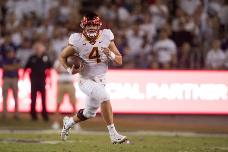 Sep 29, 2018; Fort Worth, TX, USA; Iowa State Cyclones quarterback Zeb Noland (4) in action during the game against the TCU Horned Frogs at Amon G. Carter Stadium. Mandatory Credit: Jerome Miron-USA TODAY Sports