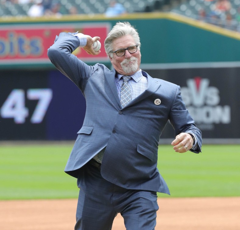 Tigers Hall of Fame pitcher Jack Morris throws out the first to teammate Lance Parrish before the start of the Tigers game against the Twins, Aug. 12, 2018, at Comerica Park in Detroit.

Jack Morris