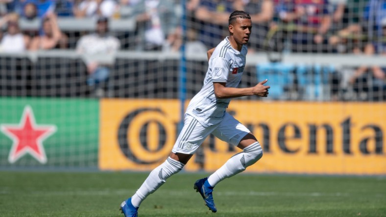 March 30, 2019; San Jose, CA, USA; Los Angeles FC midfielder Niko Hamalainen (12) during the second half against the San Jose Earthquakes at Avaya Stadium. Mandatory Credit: Kyle Terada-USA TODAY Sports