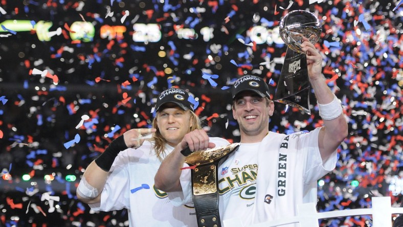 Green Bay Packers linebacker Clay Matthews, left, points to Super Bowl MVP Aaron Rodgers after giving him a championship belt after the win against the Pittsburgh Steelers during Super Bowl XLV at Cowboys Stadium in Arlington, Texas on Feb. 6, 2011.

Super Bowl Xlv