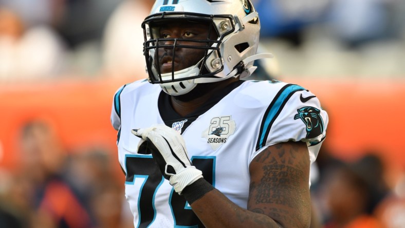 Aug 8, 2019; Chicago, IL, USA; Carolina Panthers tackle Greg Little (74) warms up before a game against the Chicago Bears at Soldier Field. Mandatory Credit: Matt Cashore-USA TODAY Sports