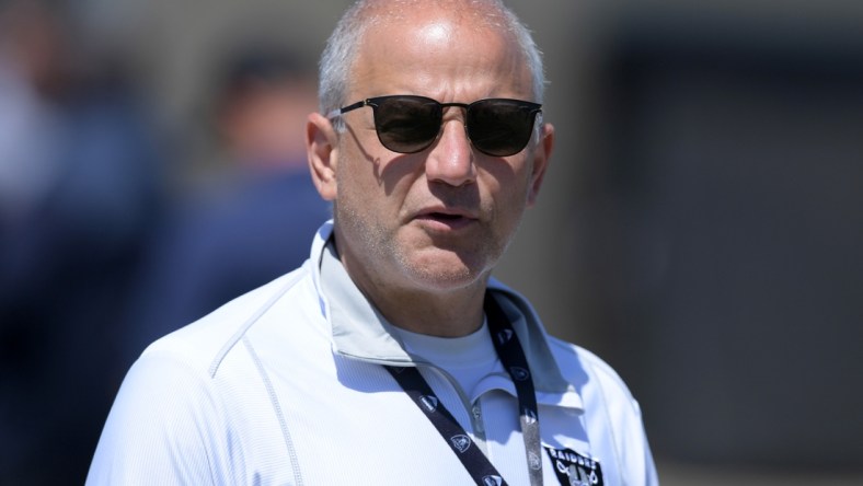 Aug 7, 2019; Napa, CA, USA; Oakland Raiders president Marc Badain during a training camp joint practice against the Los Angeles Rams at Napa Valley Marriott. Mandatory Credit: Kirby Lee-USA TODAY Sports