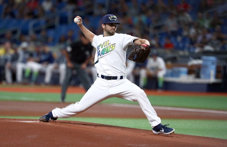 Aug 30, 2019; St. Petersburg, FL, USA; Tampa Bay Rays opening pitcher Austin Pruitt (45) throws a pitch during the first inning against the Cleveland Indians at Tropicana Field. Mandatory Credit: Kim Klement-USA TODAY Sports