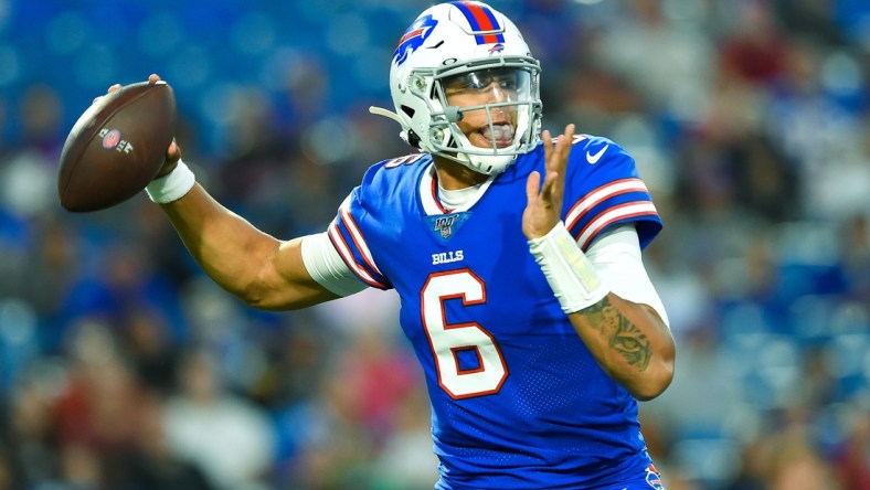 Aug 29, 2019; Orchard Park, NY, USA; Buffalo Bills quarterback Tyree Jackson (6) drops back to pass against the Minnesota Vikings during the second quarter at New Era Field. Mandatory Credit: Rich Barnes-USA TODAY Sports