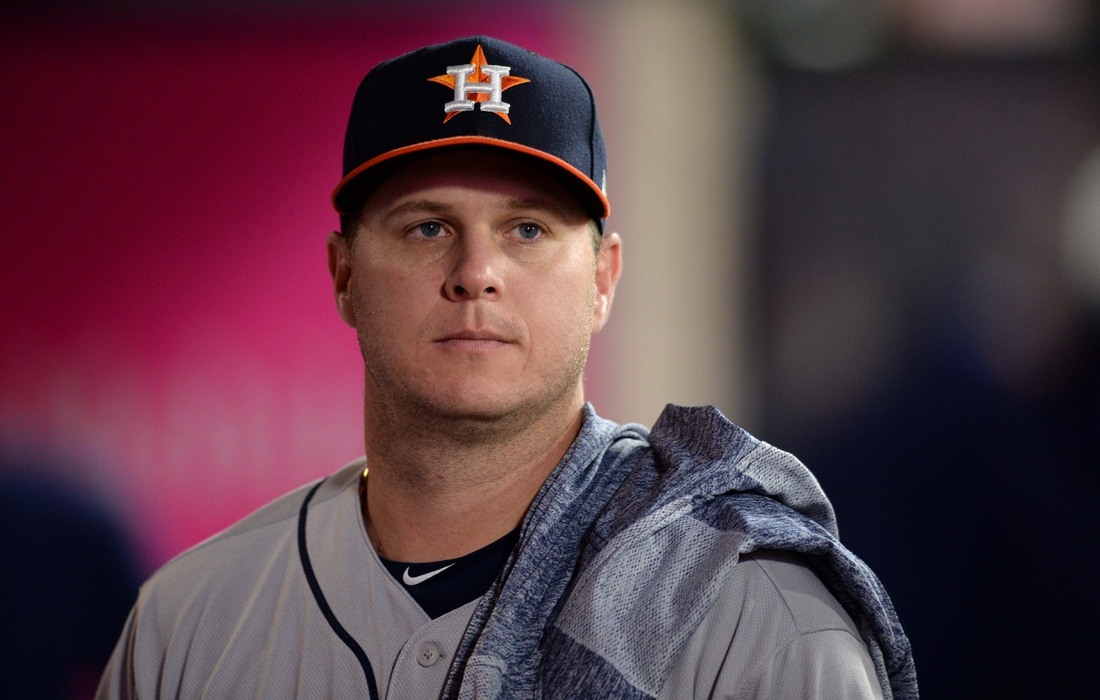 Sep 27, 2019; Anaheim, CA, USA; Houston Astros starting pitcher Brad Peacock (41) looks on from the dugout before the game against the Los Angeles Angels at Angel Stadium of Anaheim. Mandatory Credit: Orlando Ramirez-USA TODAY Sports