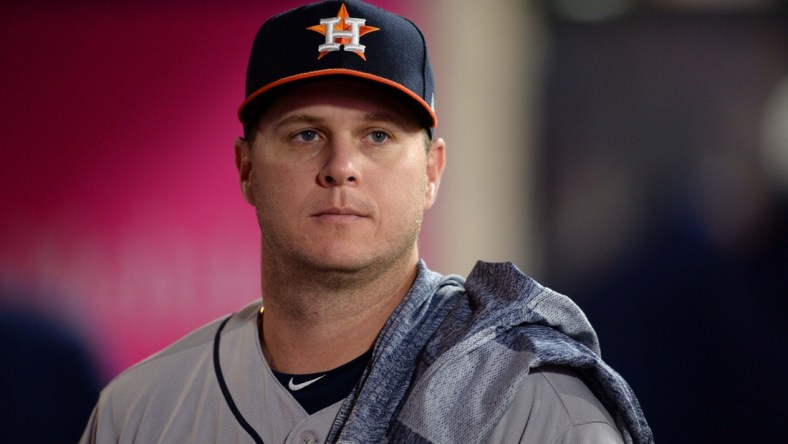 Sep 27, 2019; Anaheim, CA, USA; Houston Astros starting pitcher Brad Peacock (41) looks on from the dugout before the game against the Los Angeles Angels at Angel Stadium of Anaheim. Mandatory Credit: Orlando Ramirez-USA TODAY Sports