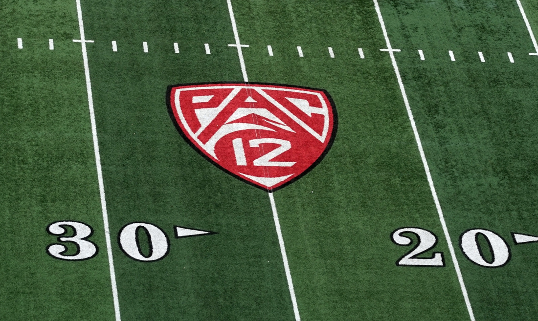 Oct 19, 2019; Salt Lake City, UT, USA; A general view of the Pac-12 conference logo on the field prior to the game between the Utah Utes and the Arizona State Sun Devils at Rice-Eccles Stadium. Mandatory Credit: Kirby Lee-USA TODAY Sports