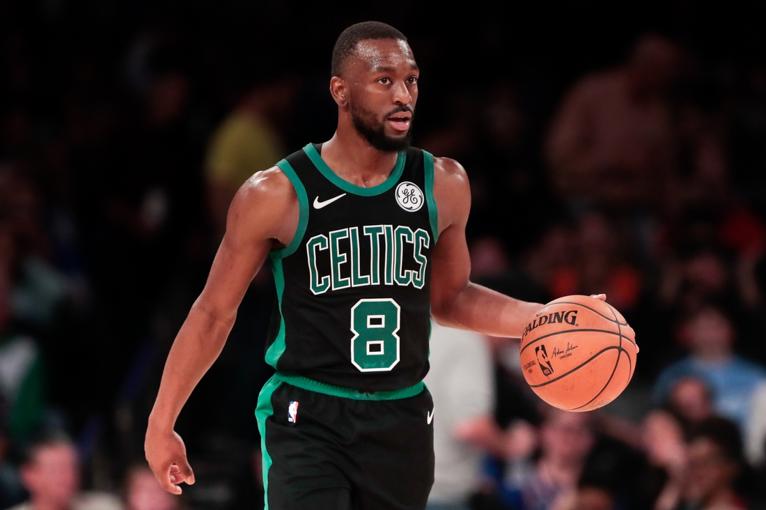 Oct 26, 2019; New York, NY, USA; Boston Celtics guard Kemba Walker (8) dribbles up court during the second half against the New York Knicks at Madison Square Garden. Mandatory Credit: Vincent Carchietta-USA TODAY Sports