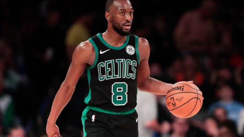 Oct 26, 2019; New York, NY, USA; Boston Celtics guard Kemba Walker (8) dribbles up court during the second half against the New York Knicks at Madison Square Garden. Mandatory Credit: Vincent Carchietta-USA TODAY Sports