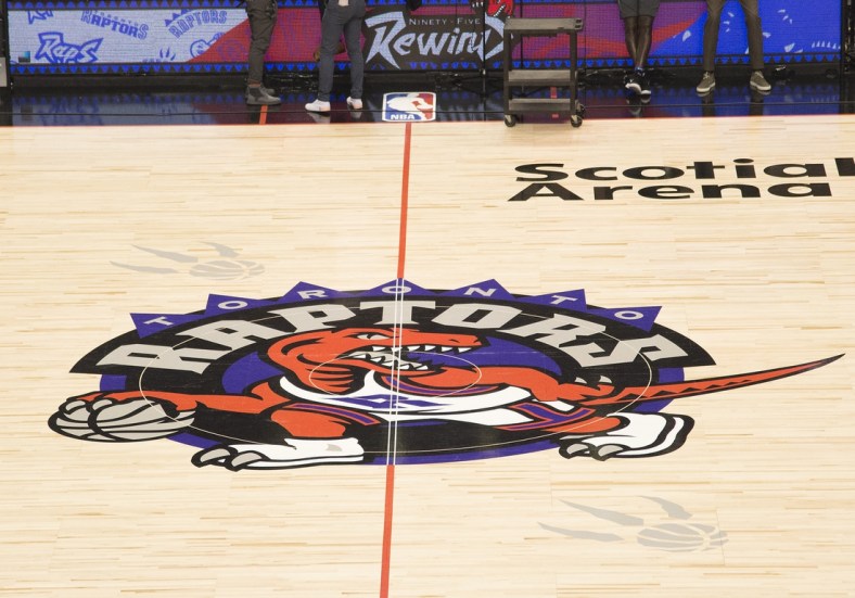 Oct 28, 2019; Toronto, Ontario, CAN; A general view of the Toronto Raptors court logo before a game against the Orlando Magic at Scotiabank Arena. Mandatory Credit: Nick Turchiaro-USA TODAY Sports