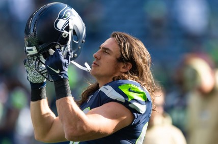 Nov 3, 2019; Seattle, WA, USA; Seattle Seahawks tight end Luke Willson (82) prior to the game at CenturyLink Field. Seattle defeated Tampa Bay 40-34. Mandatory Credit: Steven Bisig-USA TODAY Sports