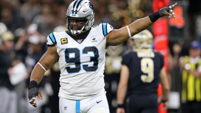 Nov 24, 2019; New Orleans, LA, USA; Carolina Panthers defensive tackle Gerald McCoy (93) gestures in the second quarter against the New Orleans Saints at the Mercedes-Benz Superdome. Mandatory Credit: Chuck Cook-USA TODAY Sports