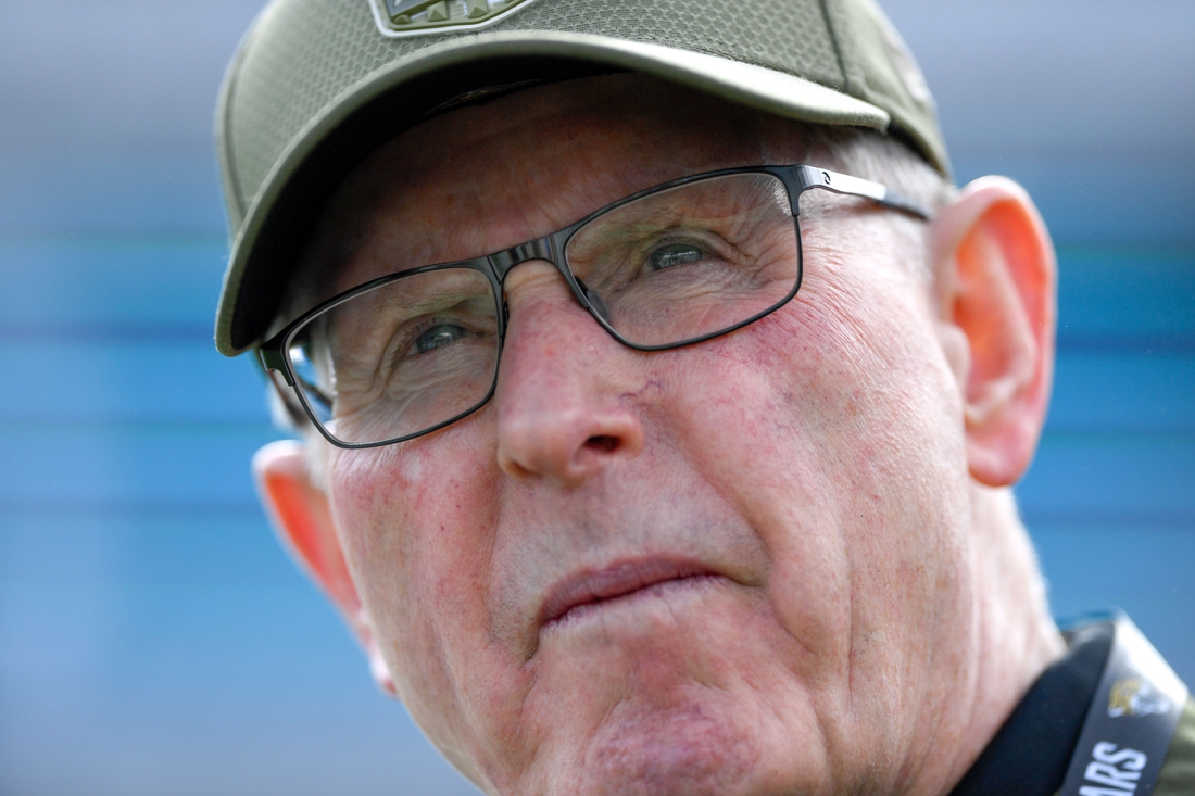 Dec 1, 2019; Jacksonville, FL, USA; Jacksonville Jaguars executive vice president of football operations Tom Coughlin (green hat) looks on prior to the game between the Jacksonville Jaguars and the Tampa Bay Buccaneers at TIAA Bank Field. Mandatory Credit: Douglas DeFelice-USA TODAY Sports