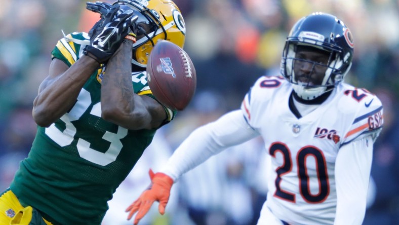 Green Bay Packers wide receiver Marquez Valdes-Scantling (83) drops a pass in the first quarter as he is covered by Chicago Bears cornerback Prince Amukamara (20) Sunday, December 15, 2019, at Lambeau Field in Green Bay, Wis. Dan Powers/USA TODAY NETWORK-Wisconsin

Apc Packvsbears 1215190265