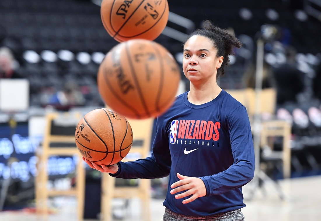 Dec 28, 2019; Washington, District of Columbia, USA; Washington Wizards assistant coach Kristi Toliver on the court before the game between the Washington Wizards and the New York Knicks at Capital One Arena. Mandatory Credit: Brad Mills-USA TODAY Sports