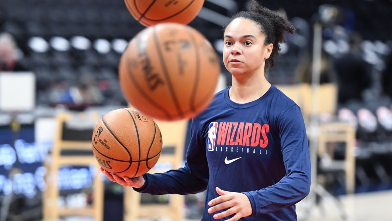 Dec 28, 2019; Washington, District of Columbia, USA; Washington Wizards assistant coach Kristi Toliver on the court before the game between the Washington Wizards and the New York Knicks at Capital One Arena. Mandatory Credit: Brad Mills-USA TODAY Sports