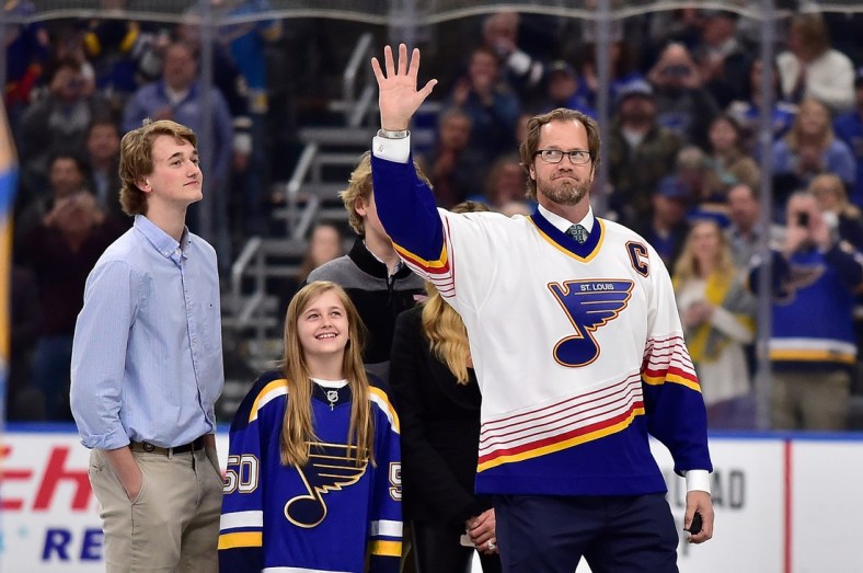 Feb 8, 2020; St. Louis, Missouri, USA;  Former St. Louis Blues defenseman Chris Pronger (44) waves to fans after it was announced that the Blues would retire his jersey next year prior to a game against the Dallas Stars at Enterprise Center. Mandatory Credit: Jeff Curry-USA TODAY Sports