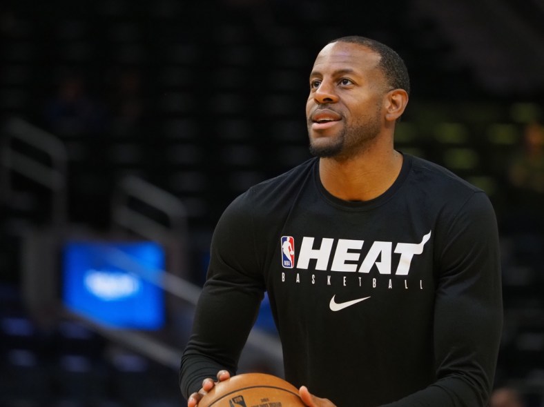 Feb 10, 2020; San Francisco, California, USA; Miami Heat guard Andre Iguodala warms up before the game against the Golden State Warriors at Chase Center. Mandatory Credit: Kelley L Cox-USA TODAY Sports