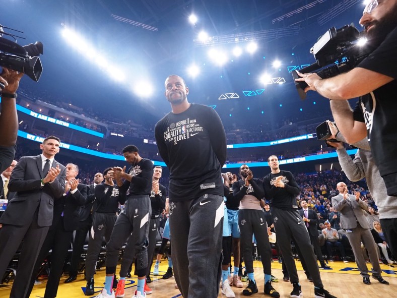 Feb 10, 2020; San Francisco, California, USA; Miami Heat guard Andre Iguodala is acknowledged before the game against former team the Golden State Warriors at Chase Center. Mandatory Credit: Kelley L Cox-USA TODAY Sports