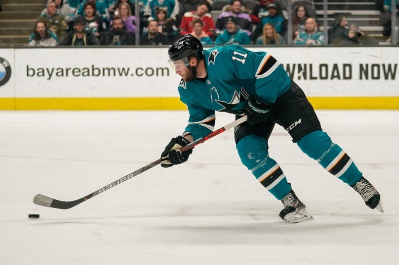 Mar 8, 2020; San Jose, California, USA;  San Jose Sharks right wing Stefan Noesen (11) controls the puck during the first period against the Colorado Avalanche at SAP Center at San Jose. Mandatory Credit: Stan Szeto-USA TODAY Sports