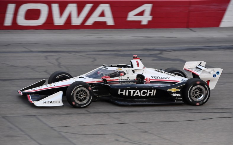 Jul 18, 2020; Newton, Iowa, USA; Indy Series driver Josef Newgarden (1) competes during the Iowa Indycar 250 at Iowa Speedway. Mandatory Credit: Mike Dinovo-USA TODAY Sports