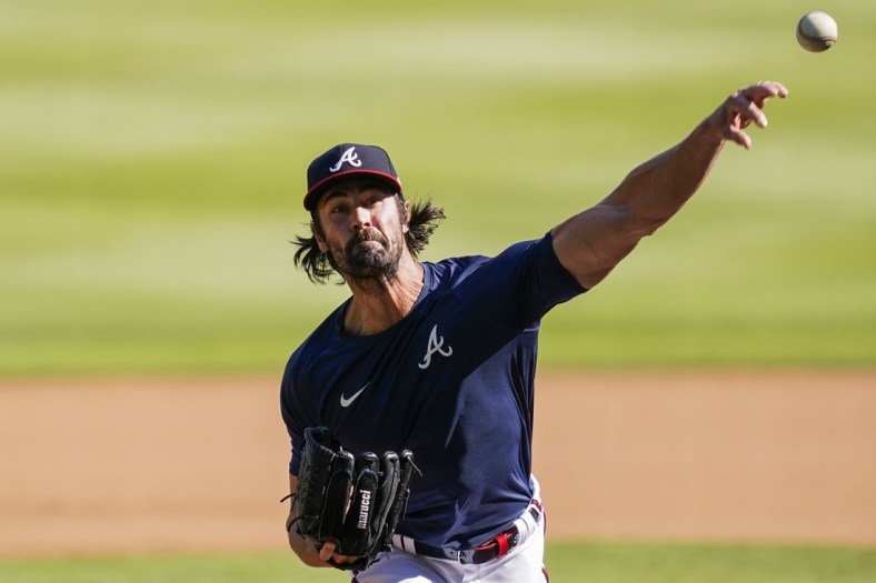 Sep 6, 2020; Cumberland, Georgia, USA; Atlanta Braves injured pitcher Cole Hamels throws from the  pitchers mound after  the completion of the game against the Washington Nationals at Truist Park. Mandatory Credit: Dale Zanine-USA TODAY Sports
