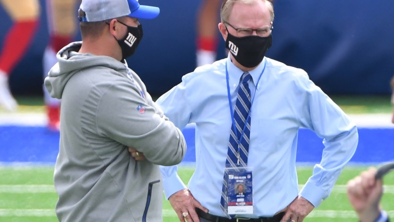 Sep 27, 2020; East Rutherford, New Jersey, USA; New York Giants head coach Joe Judge (left) with co-owner John Mara before a NFL football game against the San Francisco 49ers at MetLife Stadium. Mandatory Credit: Robert Deutsch-USA TODAY Sports