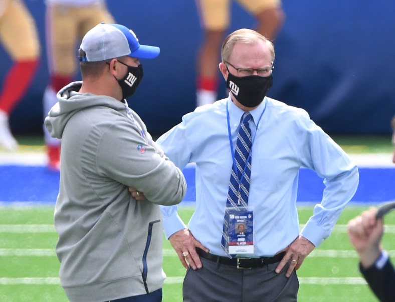 Sep 27, 2020; East Rutherford, New Jersey, USA; New York Giants head coach Joe Judge (left) with co-owner John Mara before a NFL football game against the San Francisco 49ers at MetLife Stadium. Mandatory Credit: Robert Deutsch-USA TODAY Sports