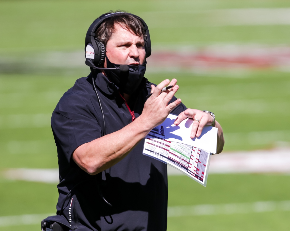 Oct 17, 2020; Columbia, South Carolina, USA; South Carolina Gamecocks head coach Will Muschamp disputes a call against the Auburn Tigers during the second quarter at Williams-Brice Stadium. Mandatory Credit: Jeff Blake-USA TODAY Sports