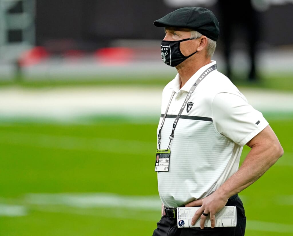 Nov 15, 2020; Paradise, Nevada, USA; Las Vegas Raiders general manager Mike Mayock prior to a game against the Denver Broncos at Allegiant Stadium. Mandatory Credit: Kirby Lee-USA TODAY Sports
