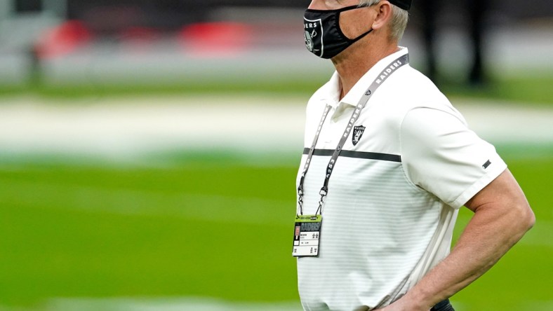 Nov 15, 2020; Paradise, Nevada, USA; Las Vegas Raiders general manager Mike Mayock prior to a game against the Denver Broncos at Allegiant Stadium. Mandatory Credit: Kirby Lee-USA TODAY Sports