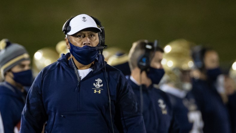 Nov 28, 2020; Annapolis, Maryland, USA; Navy Midshipmen head coach Ken Niumatalolo looks on during the second half of the game against the Navy Midshipmen at Navy-Marine Corps Memorial Stadium. Mandatory Credit: Scott Taetsch-USA TODAY Sports