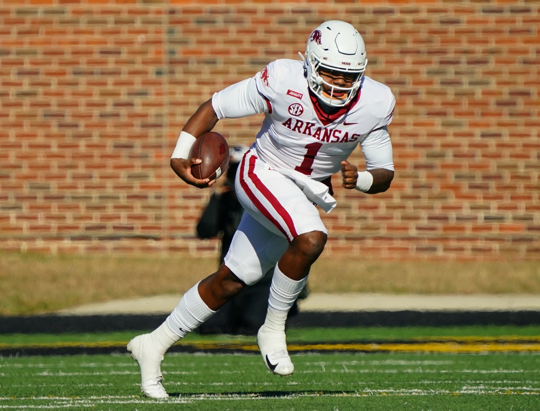 Dec 5, 2020; Columbia, Missouri, USA; Arkansas Razorbacks quarterback KJ Jefferson (1) runs against the Missouri Tigers during the first half at Faurot Field at Memorial Stadium. Mandatory Credit: Jay Biggerstaff-USA TODAY Sports