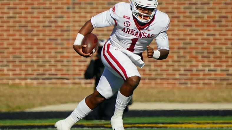 Dec 5, 2020; Columbia, Missouri, USA; Arkansas Razorbacks quarterback KJ Jefferson (1) runs against the Missouri Tigers during the first half at Faurot Field at Memorial Stadium. Mandatory Credit: Jay Biggerstaff-USA TODAY Sports