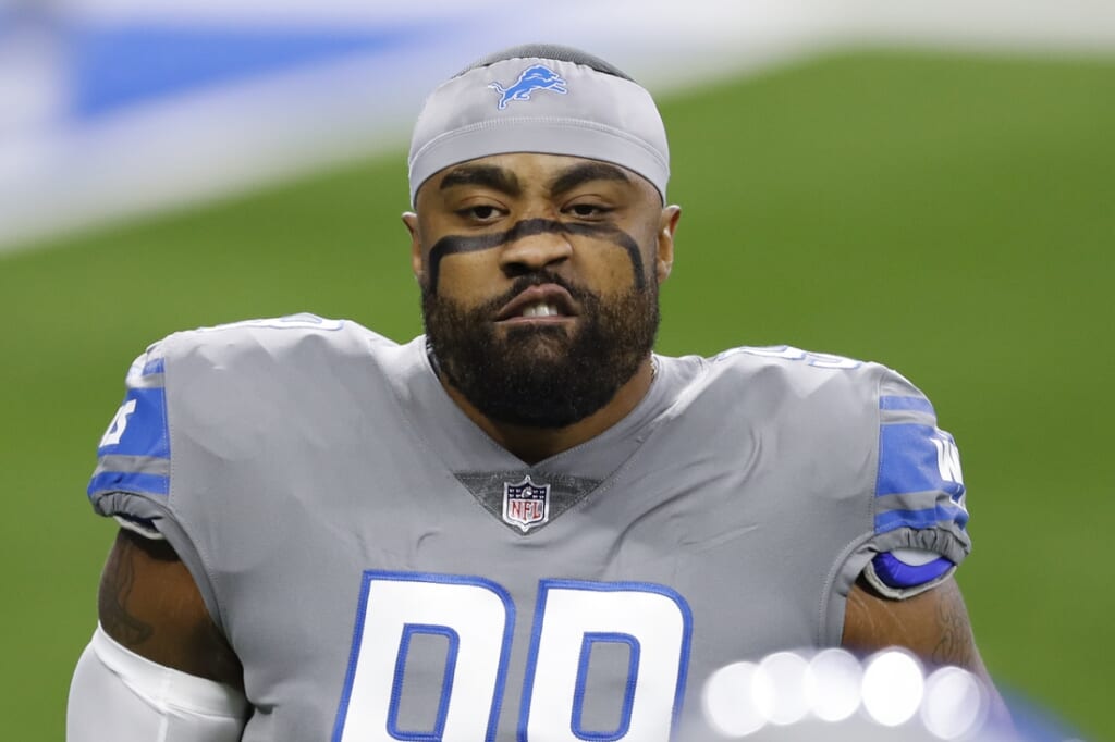 Dec 26, 2020; Detroit, Michigan, USA; Detroit Lions defensive end Everson Griffen (98) reacts before a game against the Tampa Bay Buccaneers at Ford Field. Mandatory Credit: Raj Mehta-USA TODAY Sports