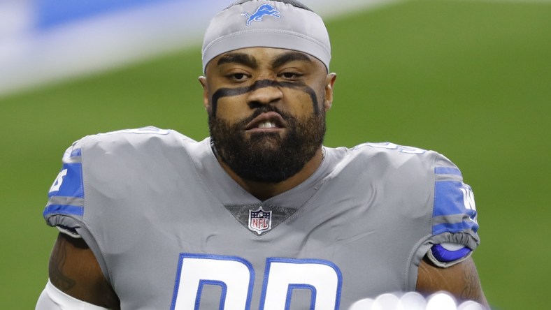 Dec 26, 2020; Detroit, Michigan, USA; Detroit Lions defensive end Everson Griffen (98) reacts before a game against the Tampa Bay Buccaneers at Ford Field. Mandatory Credit: Raj Mehta-USA TODAY Sports