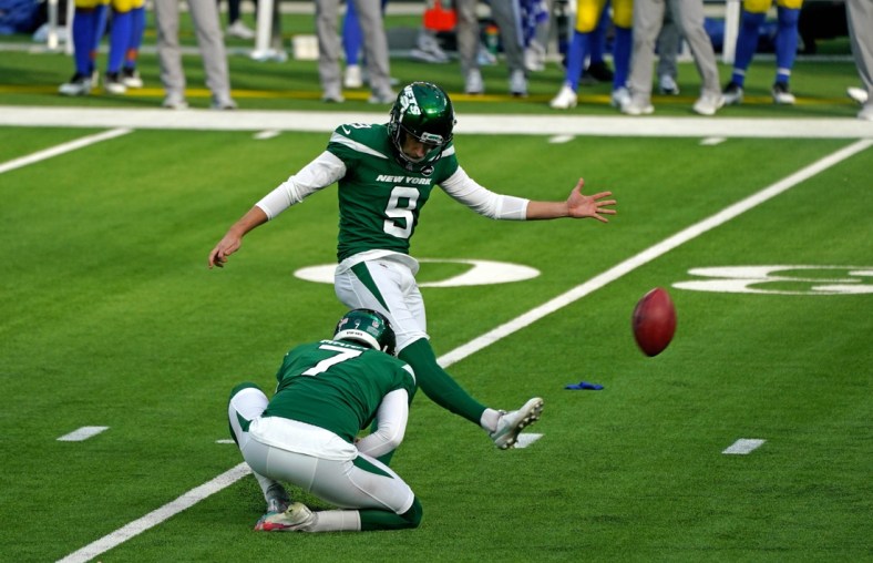 Dec 20, 2020; Inglewood, California, USA; New York Jets kicker Sam Ficken (9) kicked a field goal against the Los Angeles Rams during the first half at SoFi Stadium. Mandatory Credit: Kirby Lee-USA TODAY Sports