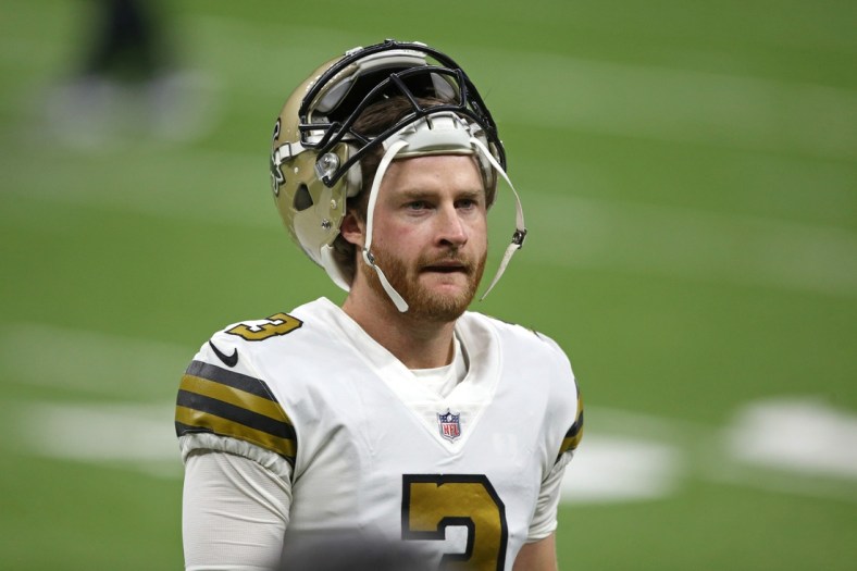 Dec 25, 2020; New Orleans, Louisiana, USA; New Orleans Saints kicker Wil Lutz (3) before their game against the Minnesota Vikings at the Mercedes-Benz Superdome. Mandatory Credit: Chuck Cook-USA TODAY Sports