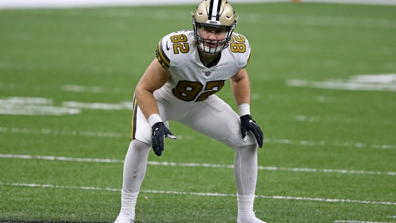 Dec 25, 2020; New Orleans, Louisiana, USA; New Orleans Saints tight end Adam Trautman (82) on the kickoff return team in the second half against the Minnesota Vikings at the Mercedes-Benz Superdome. Mandatory Credit: Chuck Cook-USA TODAY Sports