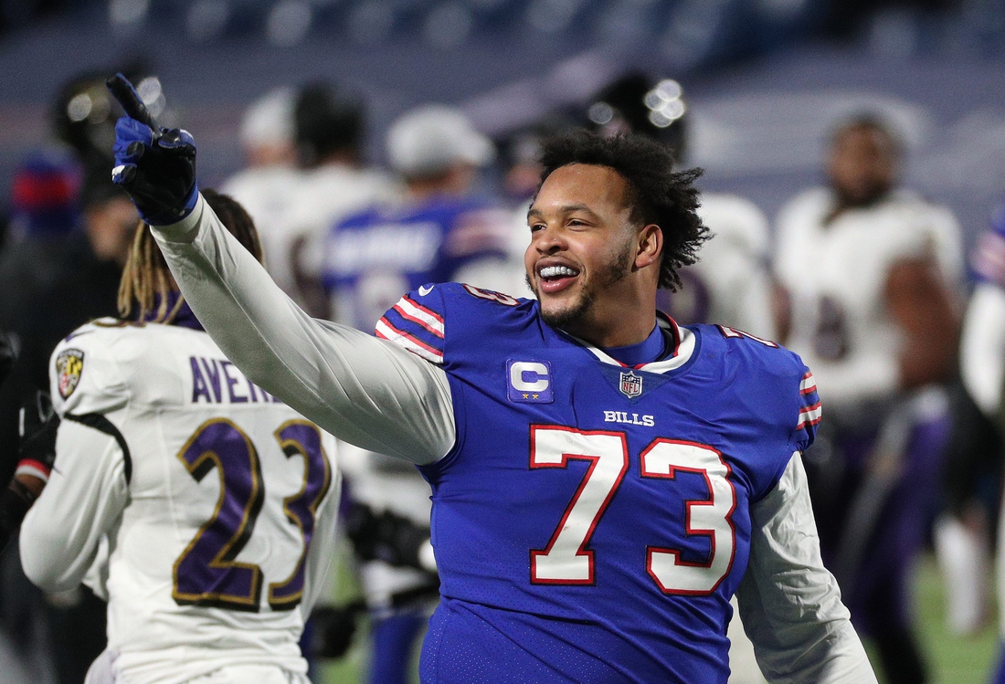 Bills Dion Dawkins celebrates with fans after Buffalo beat the Ravens 17-3.

Jg 011620 Bills 11