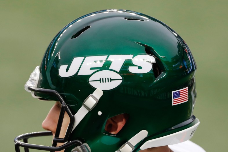 Jan 3, 2021; Foxborough, Massachusetts, USA; The New York Jets logo is seen on a helmet during the first half of their game against the New England Patriots at Gillette Stadium. Mandatory Credit: Winslow Townson-USA TODAY Sports