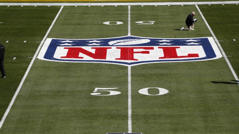 Feb 7, 2020; Tampa, FL, USA;  General view of the NFL Shield logo on the field before Super Bowl LV between the Tampa Bay Buccaneers and the Kansas City Chiefs at Raymond James Stadium.  Mandatory Credit: Kim Klement-USA TODAY Sports