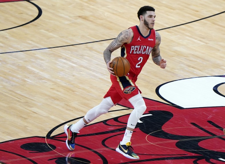 Feb 10, 2021; Chicago, Illinois, USA; New Orleans Pelicans guard Lonzo Ball (2) dribbles the ball against the Chicago Bulls during the third quarter at the United Center. Mandatory Credit: Mike Dinovo-USA TODAY Sports