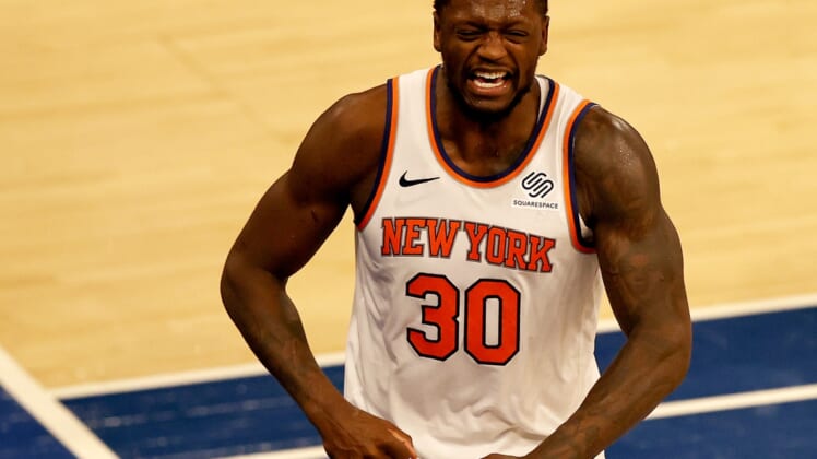 Feb 27, 2021; New York, New York, USA; Julius Randle #30 of the New York Knicks celebrates after drawing the foul late in the fourth quarter against the Indiana Pacers at Madison Square Garden. Mandatory Credit:  POOL PHOTOS-USA TODAY Sports