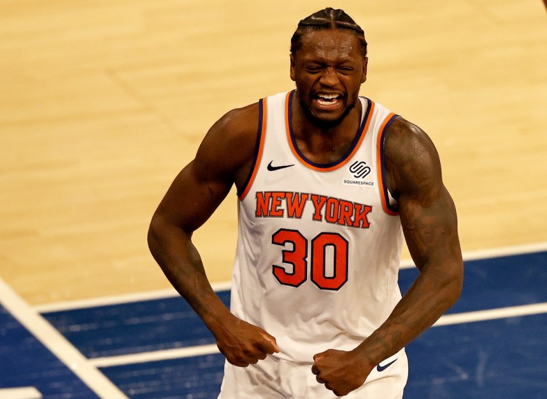 Feb 27, 2021; New York, New York, USA; Julius Randle #30 of the New York Knicks celebrates after drawing the foul late in the fourth quarter against the Indiana Pacers at Madison Square Garden. Mandatory Credit:  POOL PHOTOS-USA TODAY Sports