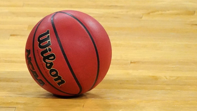 Mar 5, 2021; Las Vegas, NV, USA; A general view of a Wilson NCAA official basketball on the court during a Pac-12 Conference women's tournament semifinal between the Arizona Wildcats and the UCLA Bruins at Mandalay Bay Events Center. Mandatory Credit: Kirby Lee-USA TODAY Sports